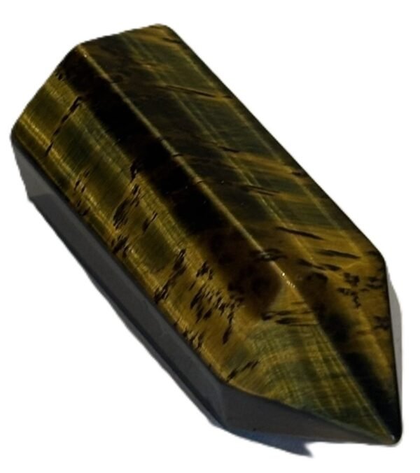 Natural blue and gold tigers eye crystal point tower 1 sians emporium Polished dual tone blue and gold tigers eye crystal point standing upright showing golden chatoyant bands and dark blue black tones on a white background